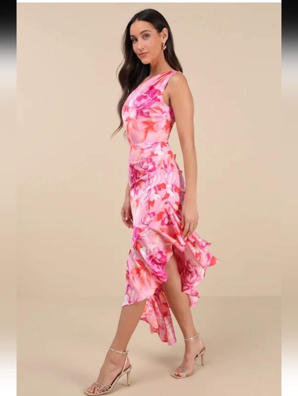 Lulu's Pink & Orange One-Shoulder Asymmetrical Floral Dress Size S NEW #4G